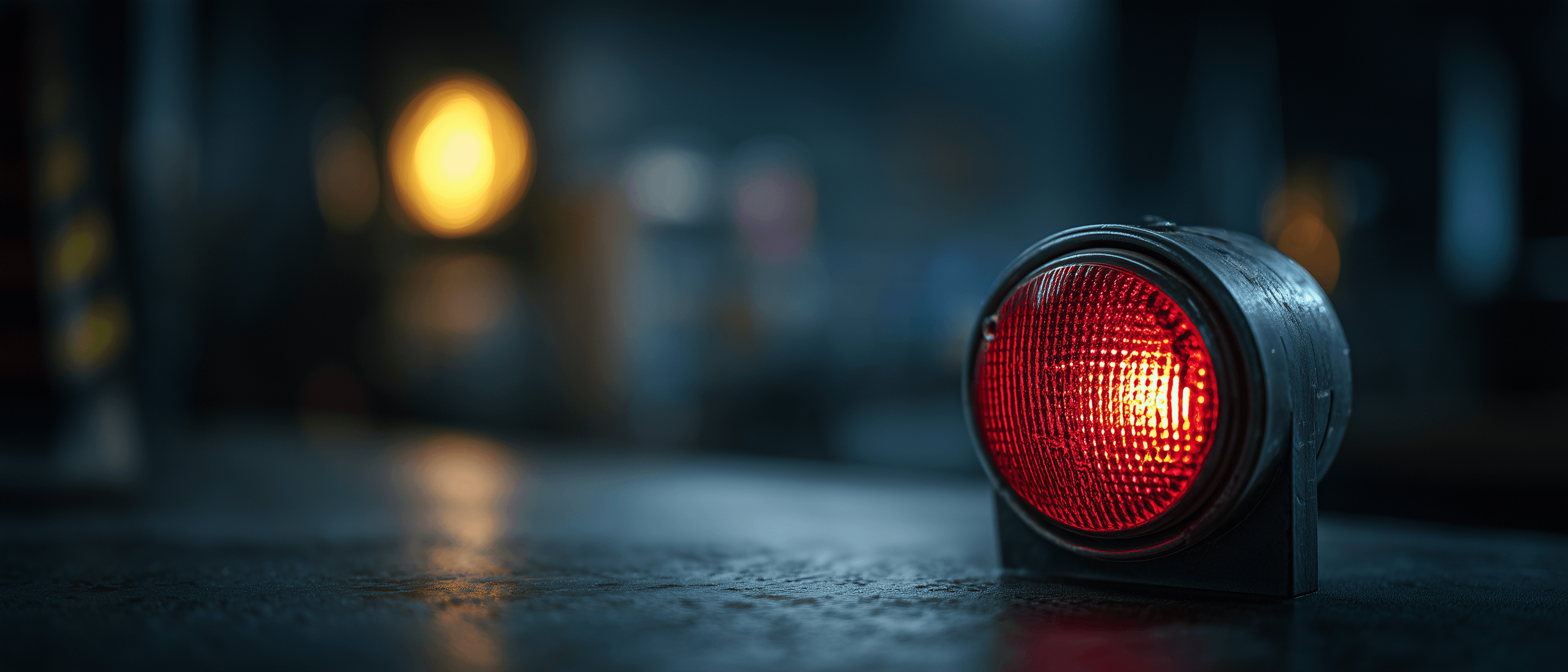 Red LED automotive marker light on edge of dark concrete workbench