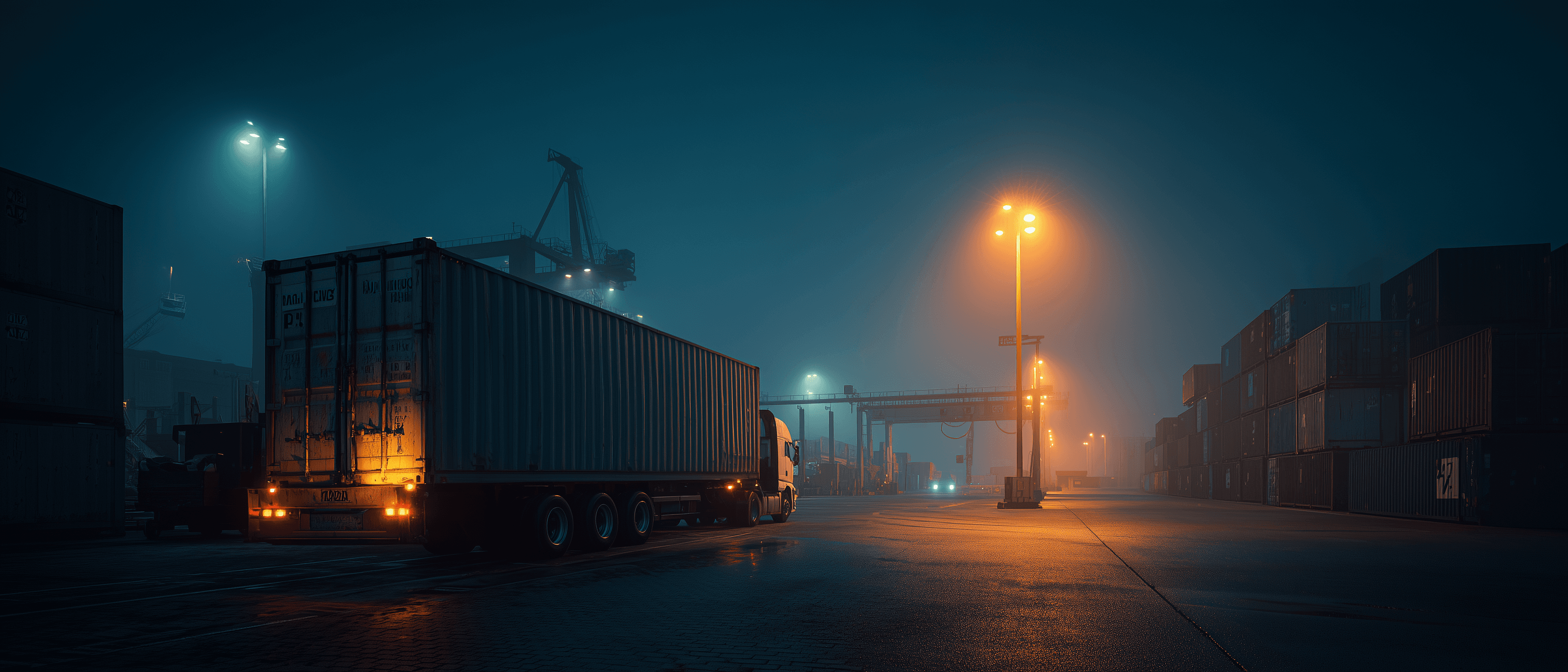 Semi-truck with container at foggy port loading bay under amber sodium lighting