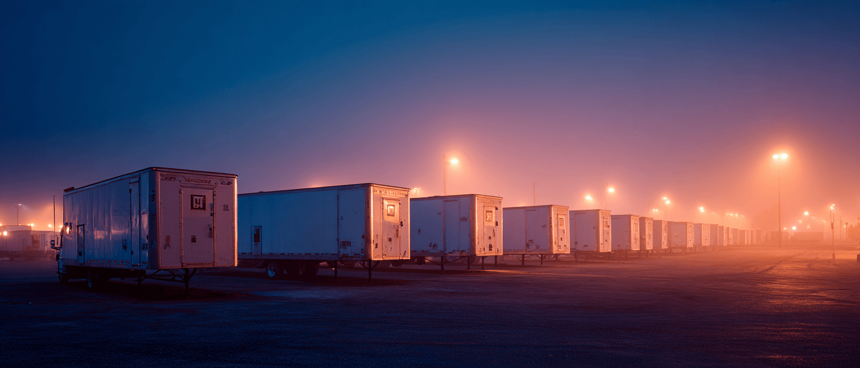 Row of utility trailers parked at dealer lot at deep dusk