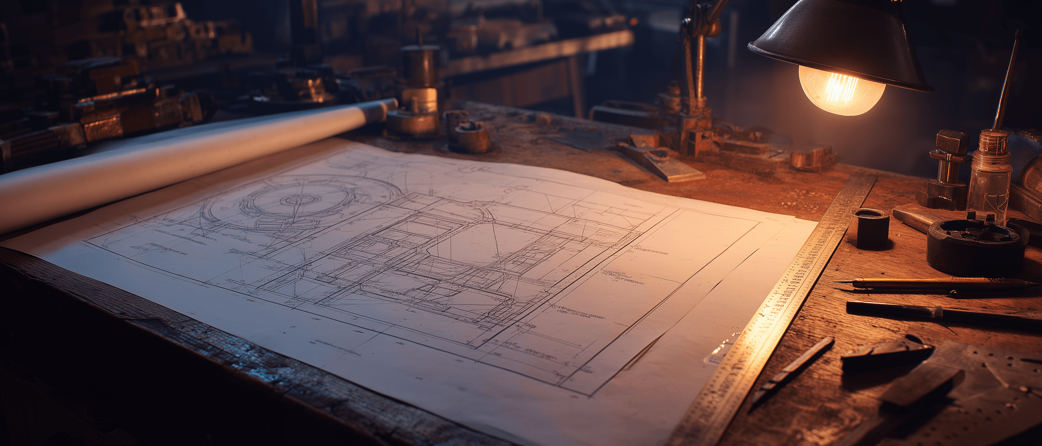 Engineering blueprint on weathered wooden workbench under warm desk lamp