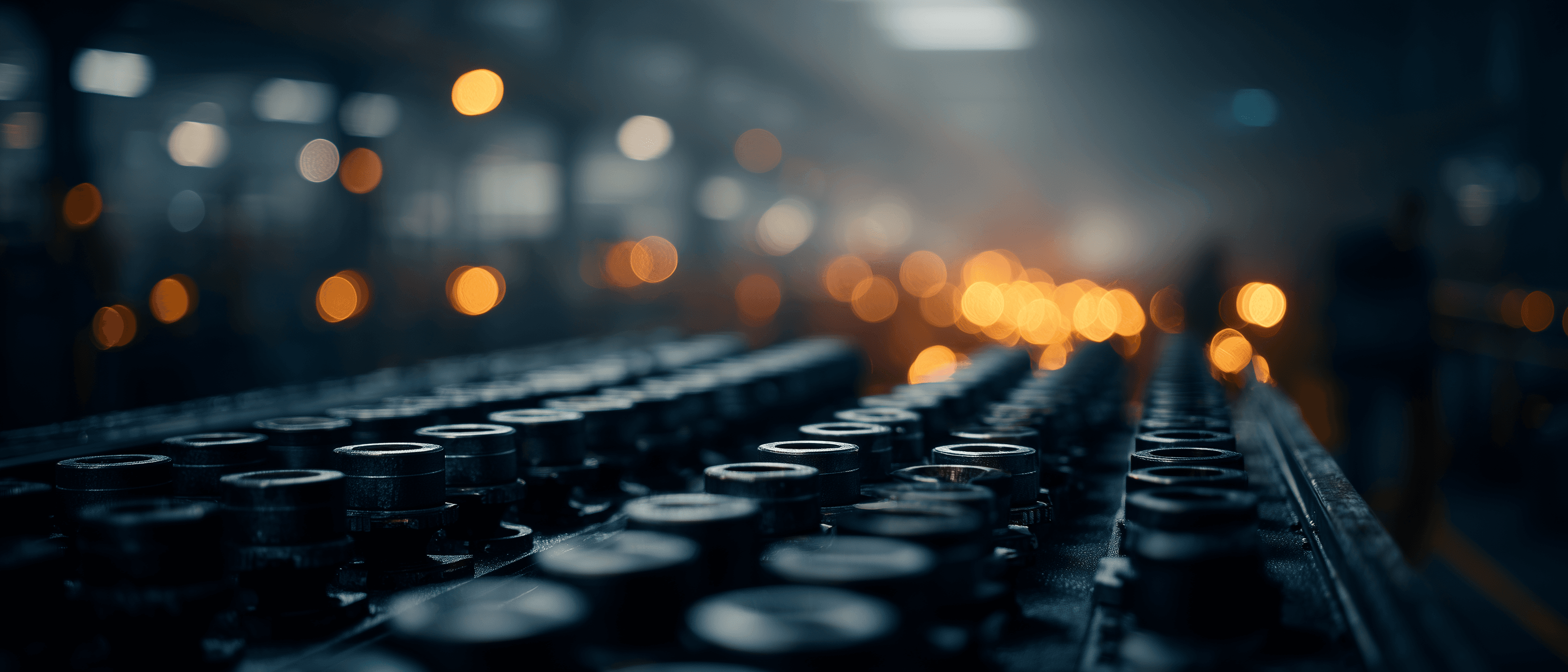 Rows of dark steel automotive components on conveyor receding into atmospheric haze