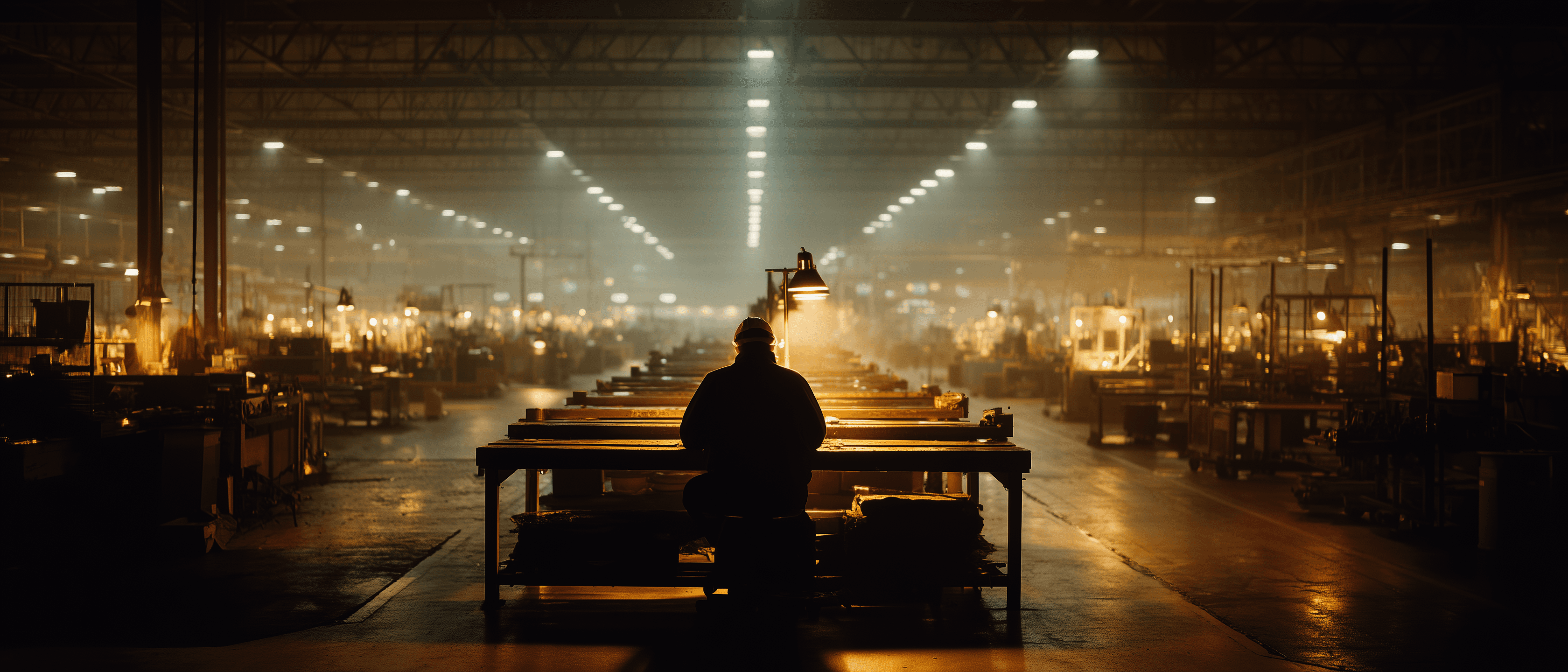 Single industrial worker at assembly station inside vast dim factory floor