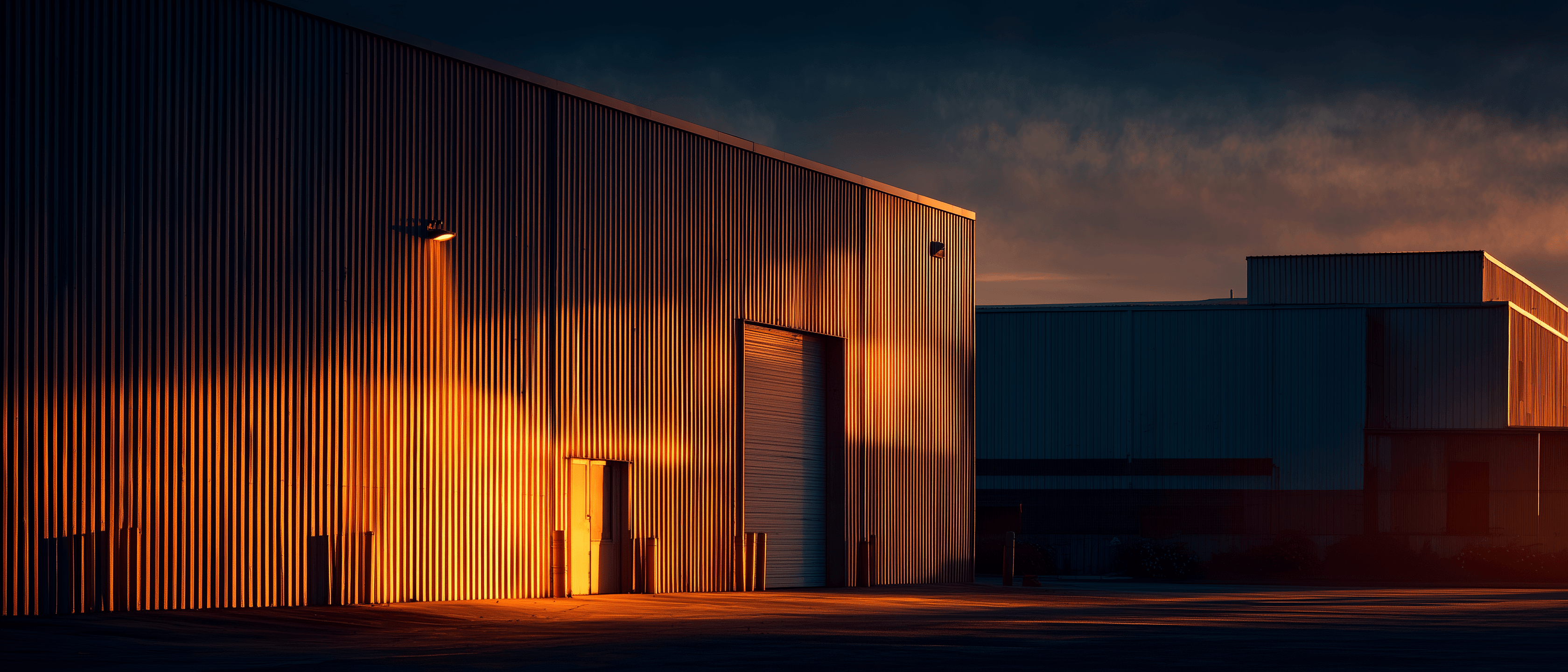 Industrial warehouse exterior at golden hour, corrugated metal facade side-lit against navy sky
